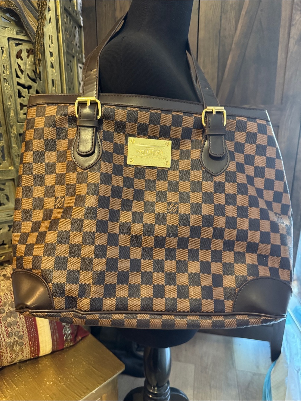 Modern Lux Brown Checkered Tote with Gold Plaque